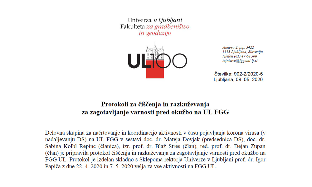Protokoli za zagotavljanje varnosti pred okužbo na UL FGG