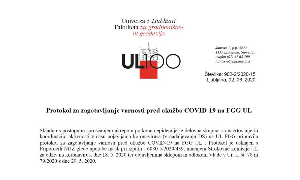 Protokol za zagotavljanje varnosti pred okužbo COVID-19 na FGG UL