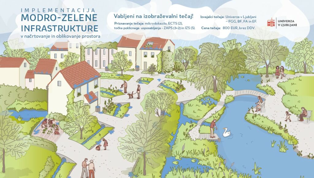 Barvit prikaz zelenega naselja z informacijami o tečaju.