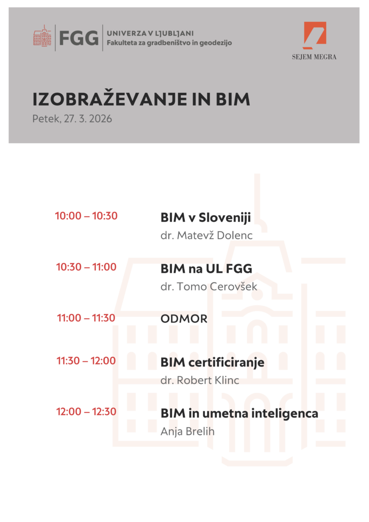 Program strokovnega dogodka »Izobraževanje in BIM«, ki bo potekal v petek, 27. marca 2026, v sklopu sejma MEGRA (UL FGG).