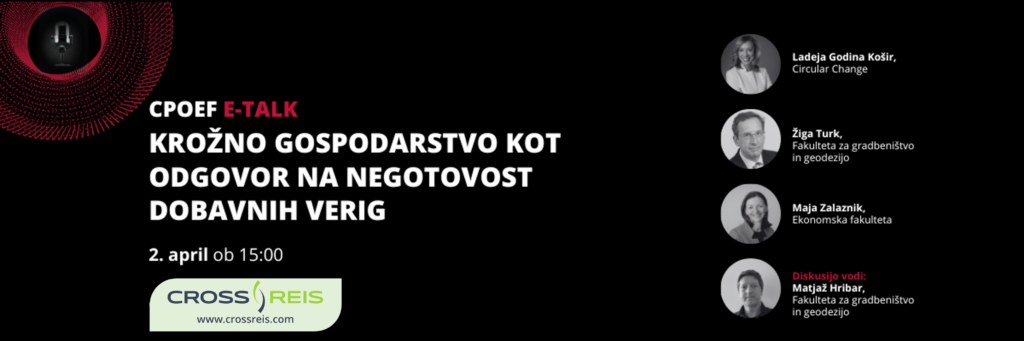 Na fotografiji je vabilo na dogodek CPOEF E-TALK: Krožno gospodarstvo kot odgovor na negotovost dobavnih verig, ki bo potekal 2. aprila ob 15. uri. Na vabilu so fotografije štirih predavateljev z nazivi.