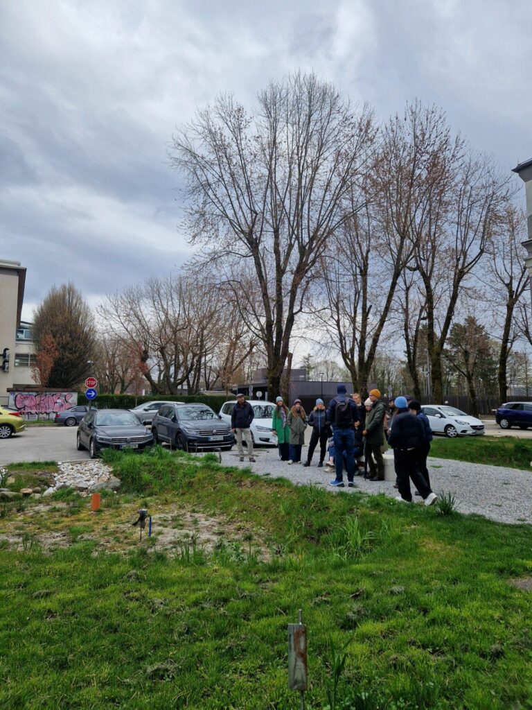 Udeleženci strokovne ekskurzije stojijo na makadamu pred travnikom z deževnim vrtom. V ozadju vidno parkirišče fakultete.