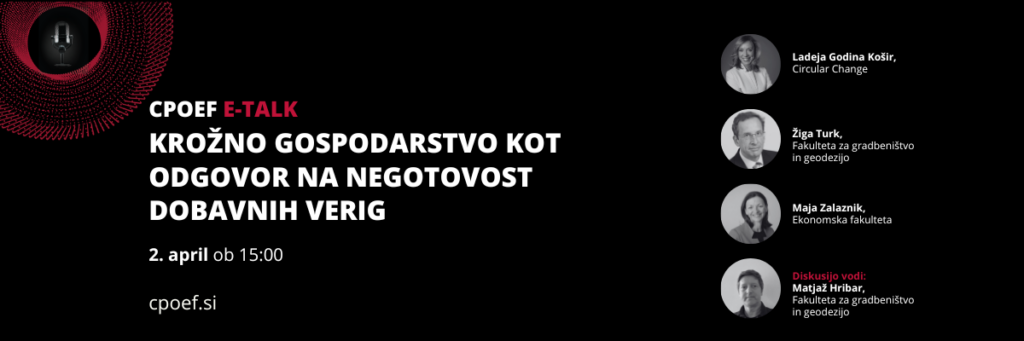 Na fotografiji je vabilo na dogodek CPOEF E-TALK: Krožno gospodarstvo kot odgovor na negotovost dobavnih verig, ki bo potekal 2. aprila ob 15. uri. Na vabilu so fotografije štirih predavateljev z nazivi.
