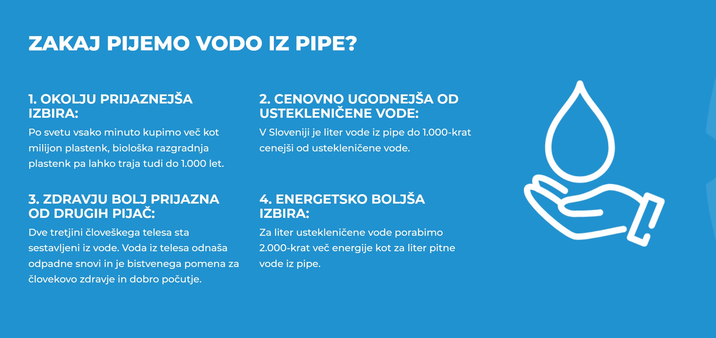 Na modri podlagi so z belo pisavo zapisani štirje razlogi za pitje vode iz pipe.