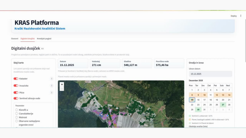 Posnetek zaslona KRAS Platforme. Na njem vidimo praktično uporabo digitalnega dvojčka v okviru nagrajene platforme na Hackathon GEO Slovenija.