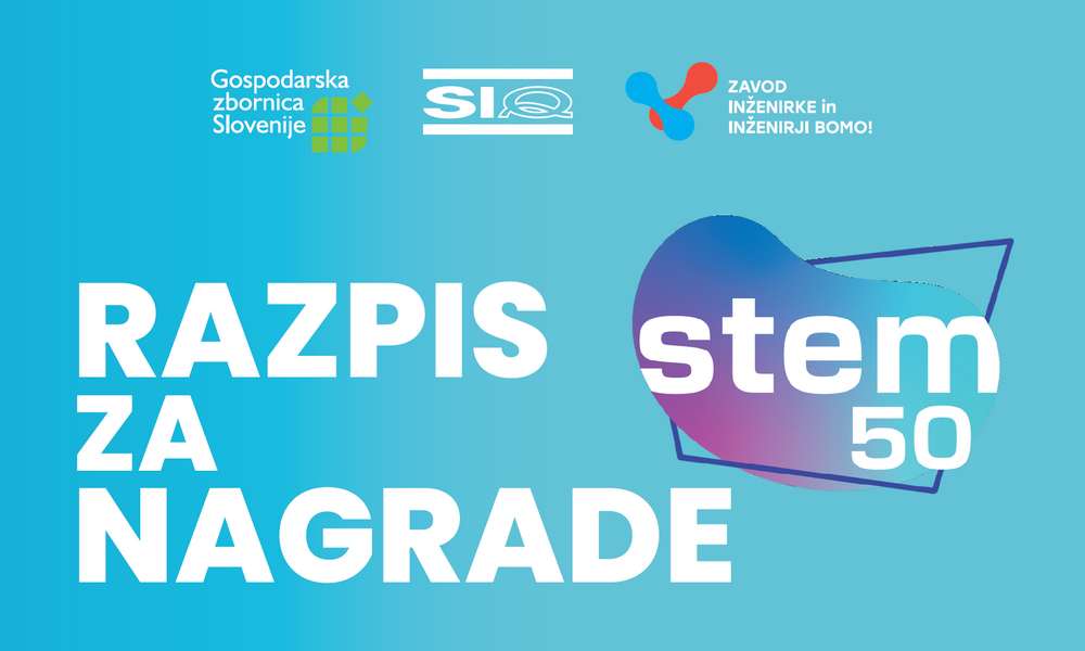 Trije logotipi zgoraj in bel napis na modrem ozadju - Razpis za nagrade stem 50